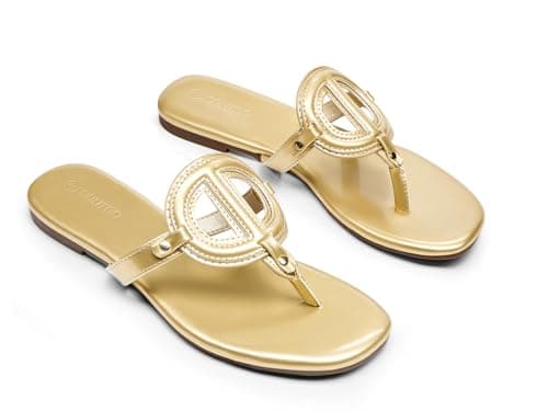 Coutgo Womens Flat Thong Sandals Square Open Toe Flip Flops Slip On Slides Dressy Summer Beach Shoes, Gold, Size 9 - Image 1