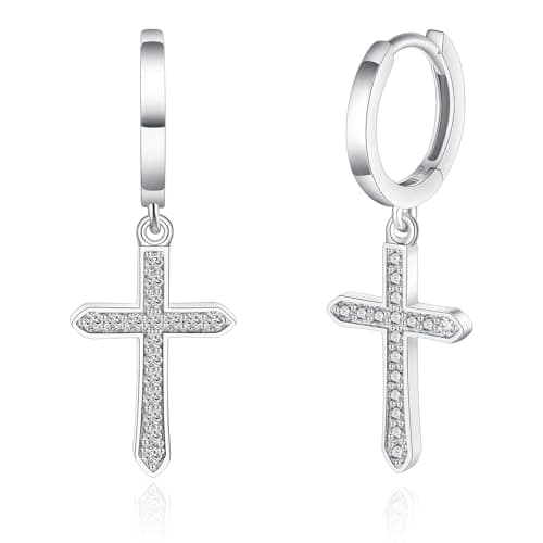 IMOLOVE Moissanite Crucifix Dangle Earrings for Women, Fashion Nickel Free Hypoallergenic Drop Earrings for Women Trendy Elegant Dainty Jewelry with 18K White Gold Plated - Image 1