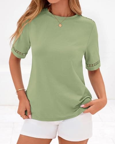 BTFBM Womens Summer Tops Lace Short Sleeve Shirts 2026 Spring Casual Loose Crew Neck Cotton Knit Cute Business Blouses(Light Green, XX-Large) - Thumbnail 5