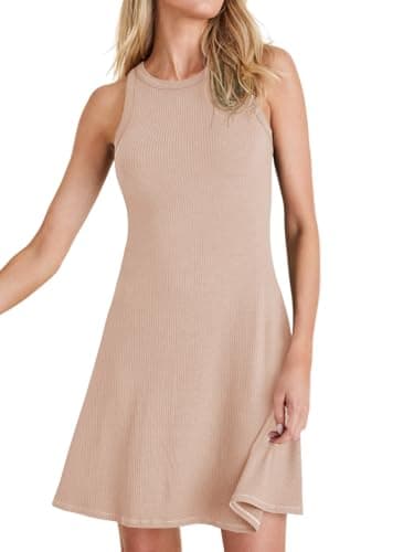 Wenrine Womens Summer Casual Tank Dress Ribbed Knit Sleeveless Crewneck A Line Mini Dresses Khaki - Image 1