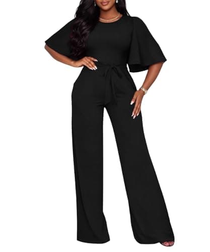 ABKY Jumpsuits For Women Dressy Batwing Sleeve Belted Wide Leg Romper Formal Wedding Evening Party Jumpsuit One Piece Outfits Black XL - Image 1
