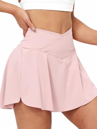 gaimoliso Crossover 2-in-1 Flowy Workouts Shorts Women Running Shorts with Pockets Spandex Shorts for Athletic Tennis Skorts Light Pink - Image 1