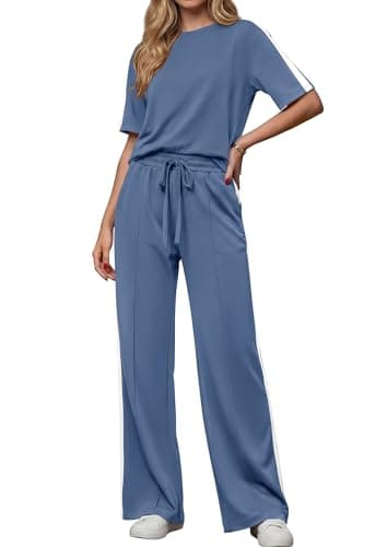 PRETTYGARDEN Women's 2 Piece Sets Summer Casual Short Sleeve Tops Wide Leg Pants Matching Lounge Set Vacation Travel Outfits (Blue,L) - Image 1