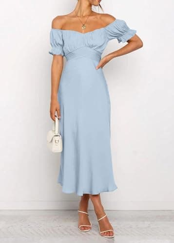 KIRUNDO Women's 2026 Spring Summer Satin Wedding Guest Midi Dress Off The Shoulder Wrap Party Cocktail Formal Prom Dresses(Brilliant Blue, Small) - Thumbnail 3