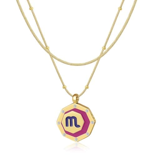 LETFLY Scorpio Zodiac Necklace for Women, 18K Gold Plated Octagon Shaped Pendant with Cubic Zirconia Adjustable Layered Snake Chain for Womens Jewelry Gifts - Image 1