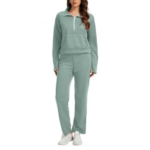 Anyshe Women's 2 Piece Sweatsuit Set Lounge Set Half Zip Sweatshirt with Kangaroo Pocket Thumb Holes Wide Leg Drawstring Pants Casual Tracksuit for Travel Daily Wear, Mint Green, Medium - Image 1
