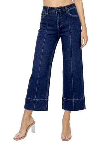 Astylish Women's Stretchy Breathable Flared Wide Leg High Waisted Jeans Tummy Control Trendy Casual Baggy Cropped Ankle Denim Pants Plus Size Spring Clothes Navy Blue Size 16 - Thumbnail 2