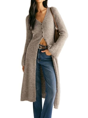 Jenisso Womens V-Neck Button Maxi Cardigan Bell Long Sleeve Open Front Split Breasted Sweater Dress Light Brown - Image 1