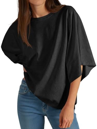 Cicy Bell Womens Oversized Half Sleeve T-Shirts Summer Casual Crew Neck Tshirt Loose Fit Side Slit Tee Tops Black - Image 1