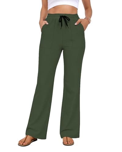 AGVNG Women's Pants Casual Wide Leg Pants Zip Pockets Lightweight Elastic Waist Drawstring High Waisted Comfy Trousers Pants Lounge Work Travel Army Green M - Image 1