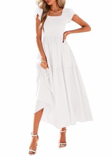 KIRUNDO Smocked Summer Dresses for Women 2026 Wedding Guest Midi Flowy Ruffle Short Sleeve Square Neck Tiered Sundress(White, Small) - Image 1