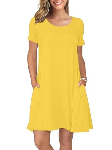 KORSIS Summer Dress for Women Yellow Medium Casual T-Shirt Short Sleeve Dresses Swing Flowy Beach Vacation Sundress with Pockets - Image 1