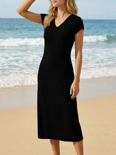 Wenrine Womens Short Sleeve T-Shirt Dress Summer V Neck Basic Solid Casual Long Midi Dresses Black - Thumbnail 3