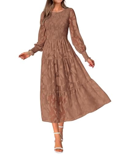 BTFBM Wedding Guest Dresses for Women Fall Fashion 2025 Casual Long Sleeve Floral Maxi Boho Homecoming Dress(Dark Apricot,XX-Large) - Image 1