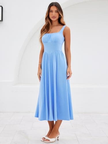 YATHON Ruched Dresses for Women Casual Summer Drop Waist Sleeveless Maxi Dress Light Blue Sundresses Midi with Pockets(YT645-Gary Blue,S) - Thumbnail 5