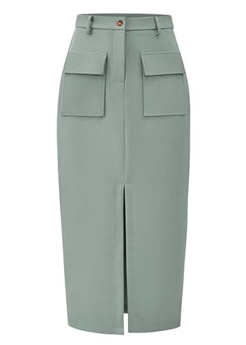 KIRUNDO Midi Skirts for Women Spring Summer High Waisted Cargo Trendy Pencil Slit Dressy Casual Business Work Long Skirt(Sage Green, Large) - Image 1