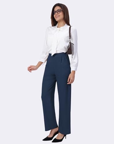 SEMARO Womens Summer Wide Leg Flowy Palazzo Pants High Waist Loose Beach Trousers Business Casual Dress Pants with Pockets Navy - Thumbnail 4