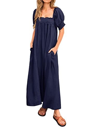 KIRUNDO Women 2026 Summer Maxi Dress Casual Loose Puff Sleeve Square Neck Maternity Flowy Long Beach Dresses with Pockets(Navy, Large) - Image 1