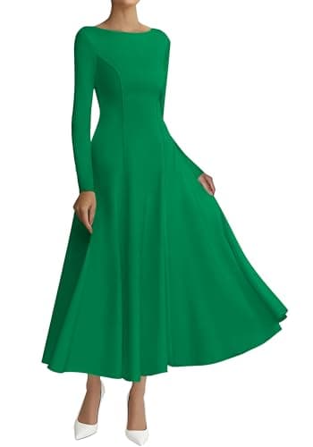 BTFBM Spring Dresses for Women 2026 Trendy Boat Neck Long Sleeve A Line Flowy Knit Loose Casual Elegant Party Maxi Dress(Green, Small) - Image 1