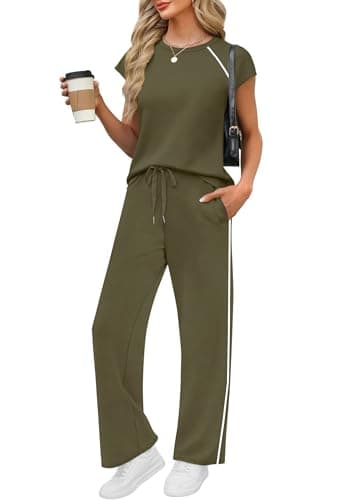PRETTYGARDEN Women's 2 Piece Lounge Sets 2026 Summer Cap Sleeve Tops Wide Leg Pants Travel Outfits Matching Fashion Clothing (Army Green,X-Large) - Image 1