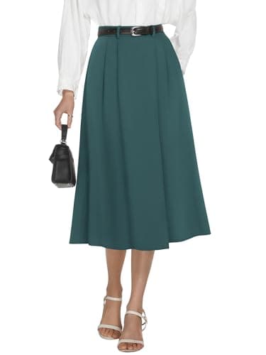 Casly Lamiit High Waisted Midi Skirts for Women Summer Flare Skirt Pleated A Line Elastic Waistband Skirt Dark Green M - Image 1