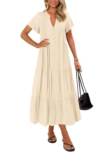 KIRUNDO Summer Maxi Dresses for Women 2026 Spring Fashion Short Sleeve Button V Neck Pleated Loose Tiered Swing Flowy Dress(Apricot, XX-Large) - Image 1