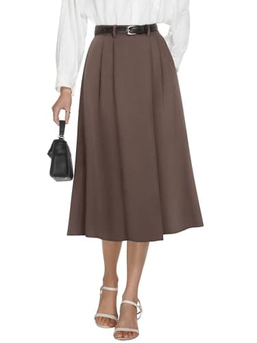 Casly Lamiit Skirts for Women Midi Length High Waisted Skirts Summer Elastic Flare Pleated A Line Skirt Brown XL - Image 1