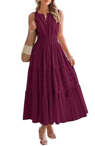 BTFBM Summer Dresses for Women 2026 Sleeveless Boho V Neck A Line Flowy Spring Casual Maxi Dress Beach Vacation Pockets(Burgundy, X-Large) - Image 1
