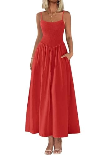 PRETTYGARDEN Women's Smocked Maxi Dresses 2026 Summer Sundress Casual Spaghetti Strap Swing A Line Long Flowy Beach Dress (Red,Large) - Image 1