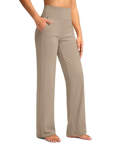 G Gradual Women's Yoga Pants Wide Leg with Pockets High Waist Stretch Loose Casual Lounge Sweatpants Petite/Regular/Tall (Khaki, Inseam 28, S) - Image 1