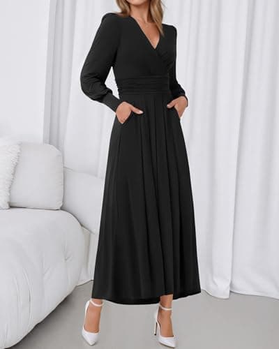 BTFBM Womens Long Sleeve Maxi Dress Fall 2025 Casual V Neck Knit A Line Flowy Pockets Elegant Party Wedding Guest Dresses(Black, Large) - Thumbnail 6