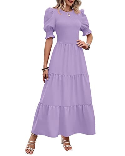 BTFBM Women Casual Summer Dresses 2025 Spring Crew Neck Ruffle Short Sleeve Floral Print Smocked Boho Flowy Maxi Dress(Solid Purple, X-Large) - Image 1
