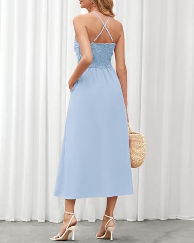 BTFBM Women 2026 Spaghetti Strap Midi Summer Dresses Sleeveless V Neck Cutout Slit Casual Beach Party Maxi Dress Pockets(Light Blue, Medium) - Thumbnail 5
