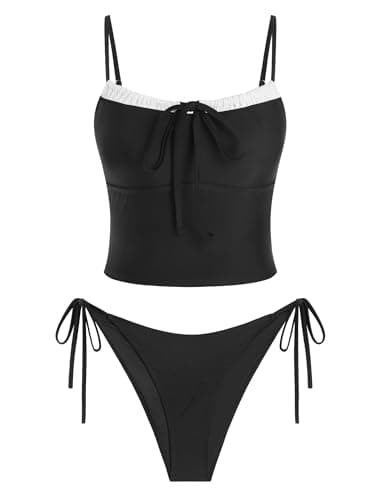 ZAFUL Black and White Womens Cute Tankini Bathing Suits Gingham Two Piece Floral Tankinis Sets Bow Color Block Swimsuits with Tie Side Bottom - Image 1