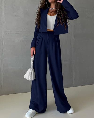 KIRUNDO Womens Blazers for Work Casual Long Sleeve Cropped Blazer Pleated Wide Leg Pants Sets 2 Piece Outfits Spring Fall Fashion Teacher Clothes(Navy, XX-Large) - Thumbnail 3
