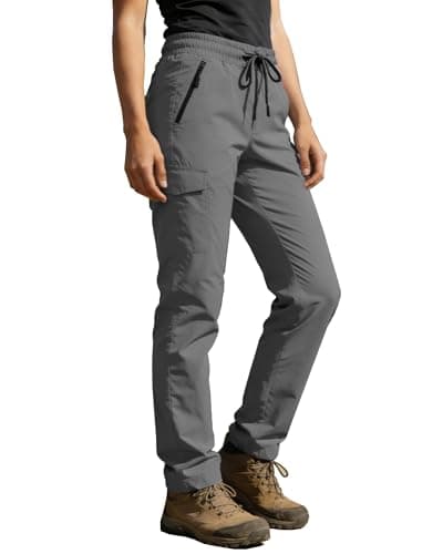 AGVNG Women Cargo Pants with Pockets Water Resistant Quick Dry Hiking Pants Elastic Waist Drawstring Lightweight UPF 50+ Work Travel Outdoor Casual Dark Gray S - Image 1