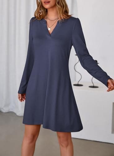 Dokotoo Womens Dresses Casual V Neck Long Sleeve Mini Dresses for Women Spring Fashion 2026 Elegant Puff Sleeve Solid Color Flowy Swing Comfy Dress Dark Blue XX-Large - Thumbnail 3
