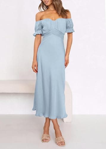 KIRUNDO Women's 2026 Spring Summer Satin Wedding Guest Midi Dress Off The Shoulder Wrap Party Cocktail Formal Prom Dresses(Brilliant Blue, Small) - Thumbnail 2