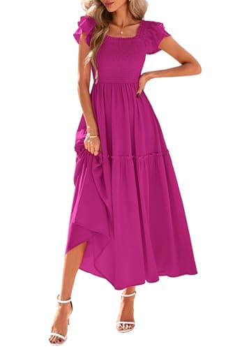 KIRUNDO Smocked Summer Dresses for Women 2026 Wedding Guest Midi Flowy Ruffle Short Sleeve Square Neck Tiered Sundress(Rose Red, Small) - Image 1