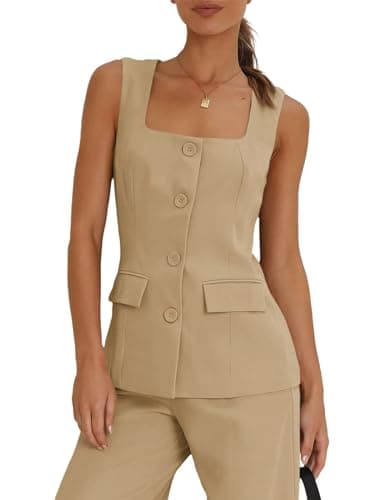 Tankaneo Women's Single Breasted Vests Square Neck Sleeveless Slim Fitted Work Office Waistcoats - Image 1