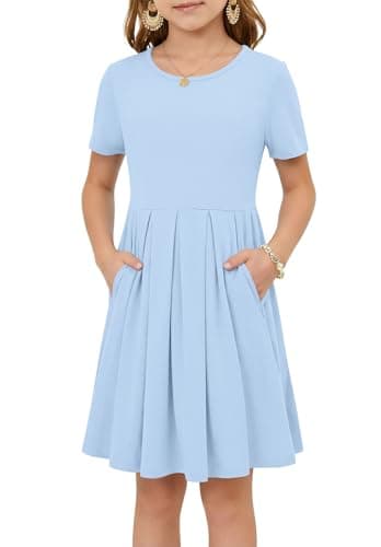 Girls Summer Short Sleeve Dress Kids Casual Crew Neck Pleated Loose A Line Swing Knee Length Cute Dress with Pockets Gray Blue L - Image 1