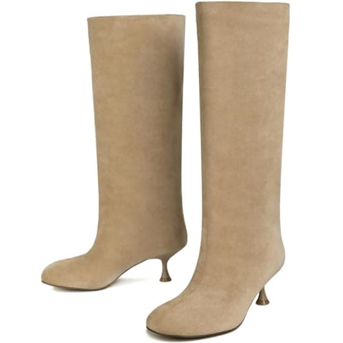 vivianly Women's Wide Calf Suede Knee Boots Pull-On 2.24" Kitten Heel Tall Boots Comfortable Versatile Dress Boots for Formal Daily Wear Khaki Size 8.5 - Image 1