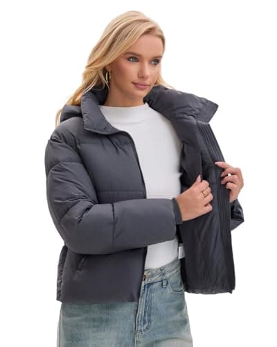 PUFFIT Women's Cropped Puffer Jackets,Warm Winter Jacket with Removable Hood,Zipped Pockets,Short Ladies Quilted Coat - Thumbnail 2