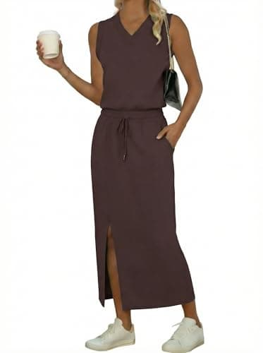GRECERELLE V Neck Sleeveless Top Maxi Skirts with Pockets For Women Travel Outfit Lounge Sets(M,Dark Coffee) - Image 1