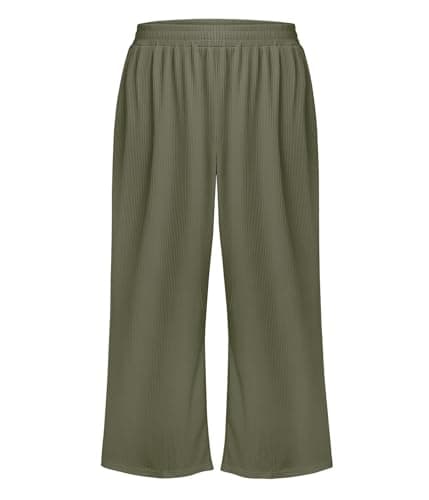 Lastshe Plus Size Wide Leg Pants for Women High Waisted Pull On Stretchy Knit Trousers Comfy Lounge Slacks,Military Green,2X - Thumbnail 6