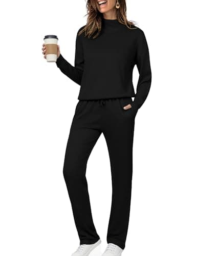 Totatuit Two Piece Sweatsuit Sets for Women Warm Lounge Sets Slouchy Tracksuit High Neck Winter Outfits Walking Comfy Fall Wear Black XL - Image 1