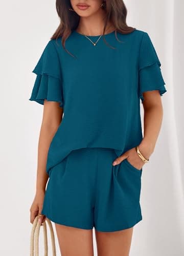 KIRUNDO 2 Piece Sets For Women Summer Ruffle Short Sleeve Top Elastic Waist Pants Matching Lounge Set Vacation Travel Outfits(Dark Blue, XX-Large) - Thumbnail 3