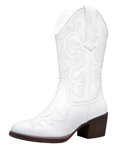 Vepose Women’s White Cowboy Mid Calf Boots, Cowgirl Western Embroidered Chunky Low Heel 9800 Boots with Zipper, Size 11M US, (CJY9800 White 11) - Image 1