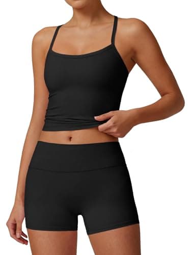 Aoysky Womens Buttery Soft 2 Piece Workout Sets High Waisted Booty Biker Shorts Halter Padded Tank Tops Pilates Athletic Sets - Image 1