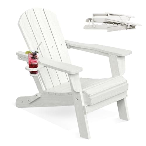 LOUNZY Folding Adirondack Chair, HDPE All-Weather Folding Patio Chair Chair with Cup Holders, Outdoor Patio Adirondack Chair for Deck Lawn Fire Pit, White - Image 1